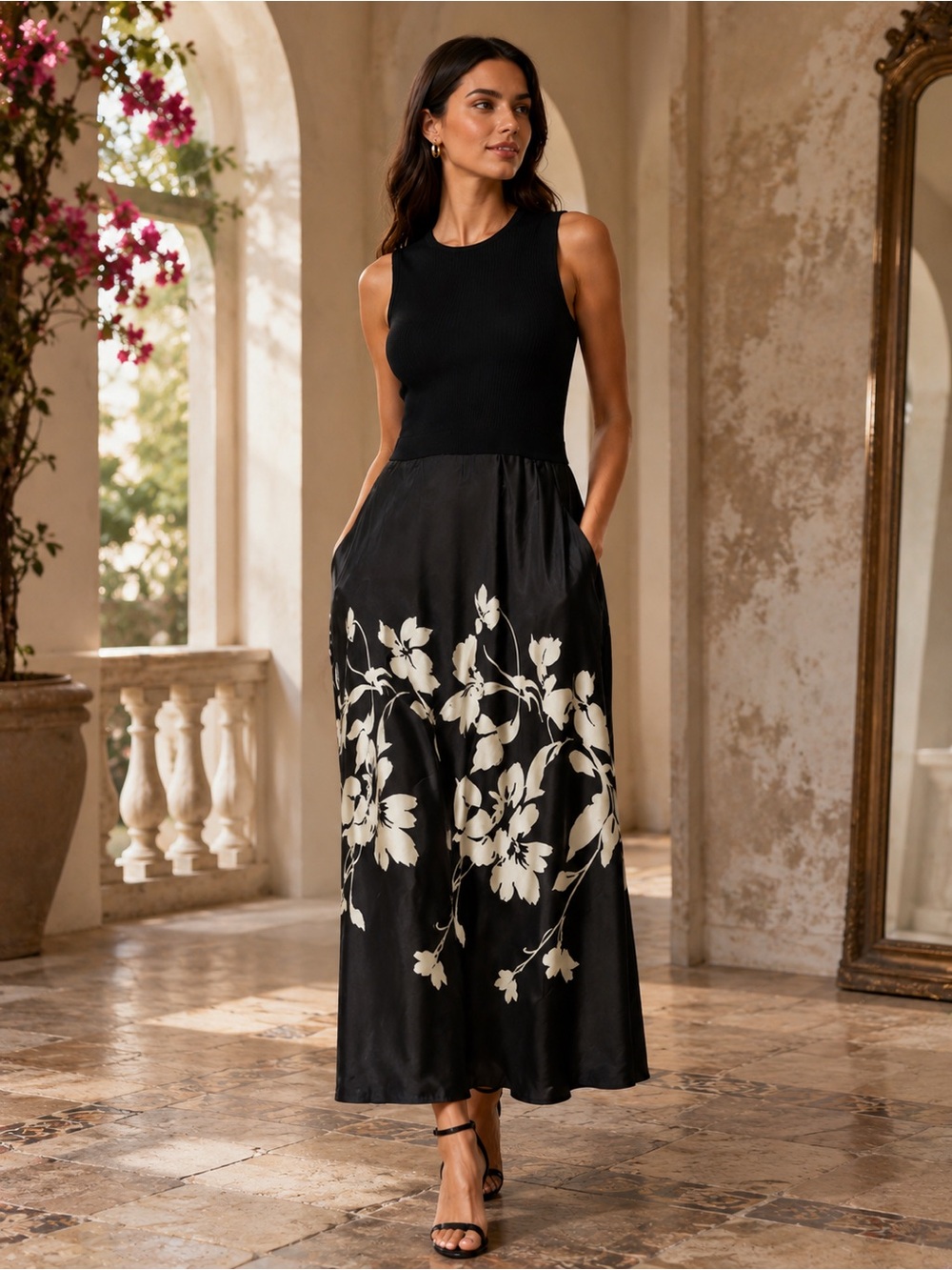 Taylor NWT Black Ivory Floral Satin Maxi Dress w/ Pockets XS
